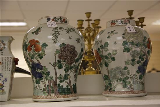 Pair of large Chinese famille verte baluster vases, 20th century, one base cracked(-)